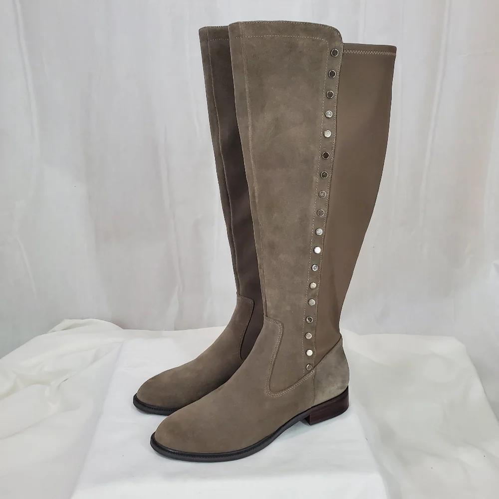 Marc Fisher Suede Leather Med Calf Tall Shaft Studded Taupe Gray Boots EUC 6.5